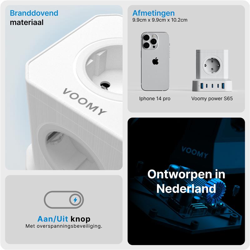 Voomy Power S65 - 65W Stekkerdoos 3 USB-C & 2 USB-A 4000W Wit