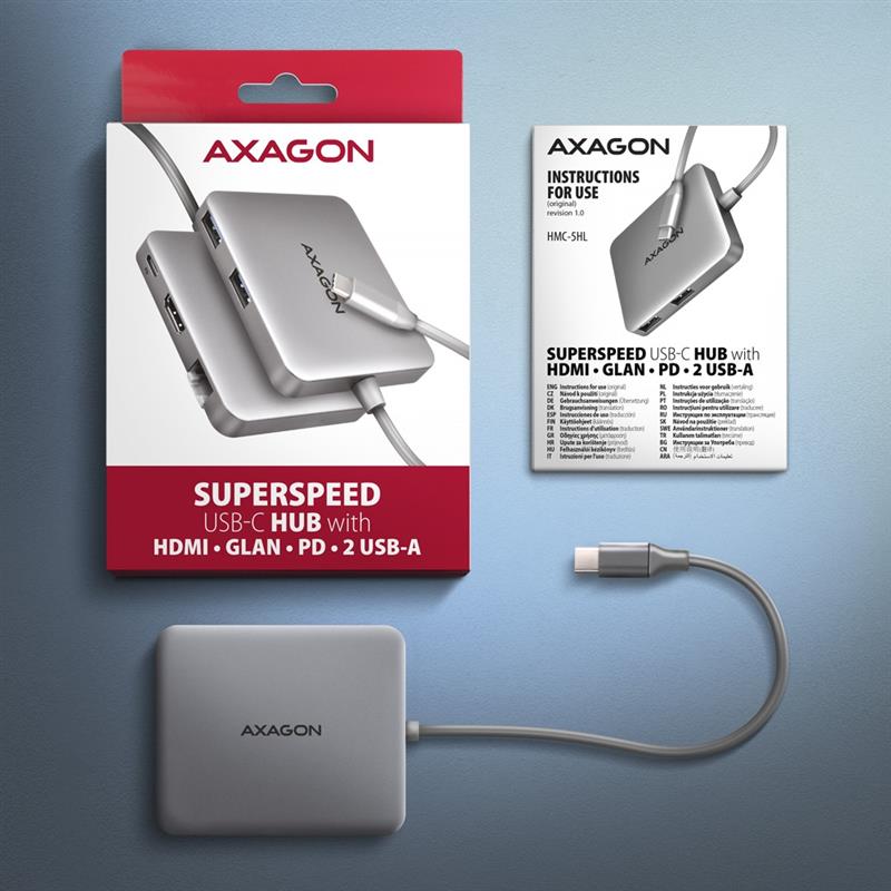 Axagon N HMC-5HL USB 5Gbps hub 2x USB-A HDMI 4k/60Hz RJ-45 GLAN PD 100W kabel USB-C Bedraad USB 3.2 Gen 1 (3.1 Gen 1) Type-C Zilver