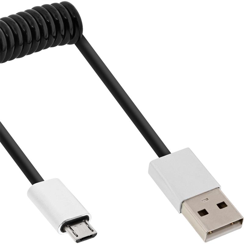 InLine Micro-USB 2 0 spiral cable USB-A plug to Micro-B plug black alu flexible 3m