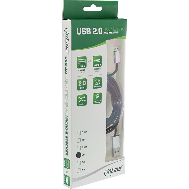 InLine Micro-USB 2 0 Cable USB-A plug to Micro-B plug black alu flexible 5m