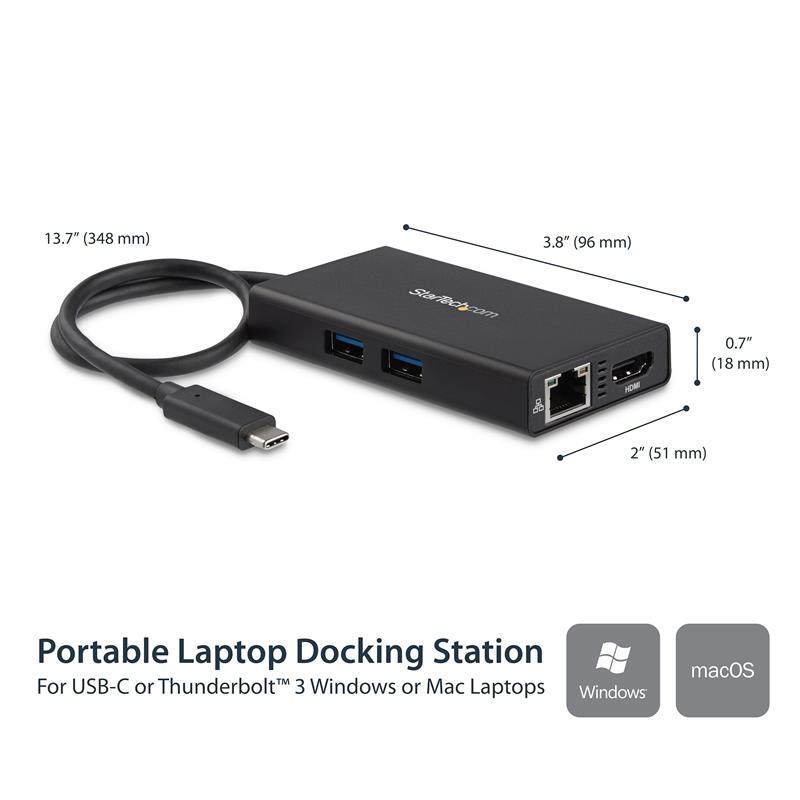 StarTech.com USB-C Multiport Adapter, USB-C Travel Dock met 4K HDMI, 60W Power Delivery Passthrough, GbE, 2pt USB-A 3.0 Hub, USB Type-C Mini Laptop Do