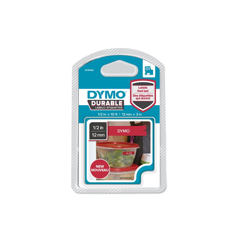 DYMO D1 -Durable Labels - White on Red - 12mm x 7m