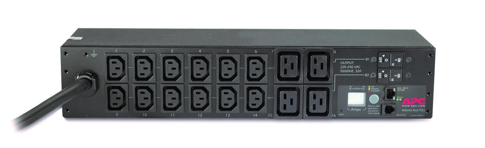 APC Rack PDU, Metered, 0U/2U, 32A, 230V, (12x) C13 & (4x) C19, IEC 309 32A stekker