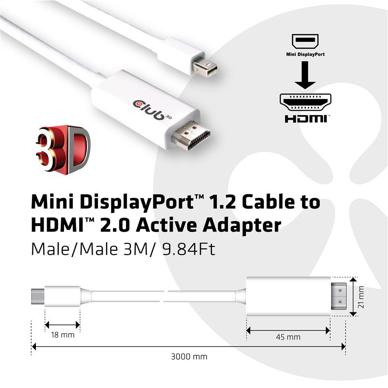 CLUB3D Mini DisplayPort™ 1.2 to HDMI™ 2.0 Active Kabel 4K60Hz 3Meter M/M