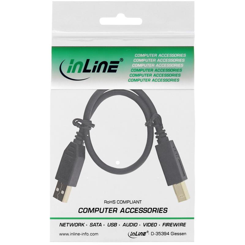 InLine USB 2 0 kabel zwart vergulde contacten AM BM 0 3m