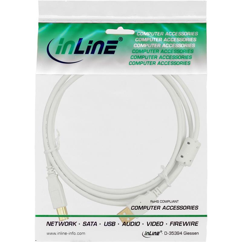 InLine USB 2 0 kabel A naar B wit goud met ferrietkern 5m