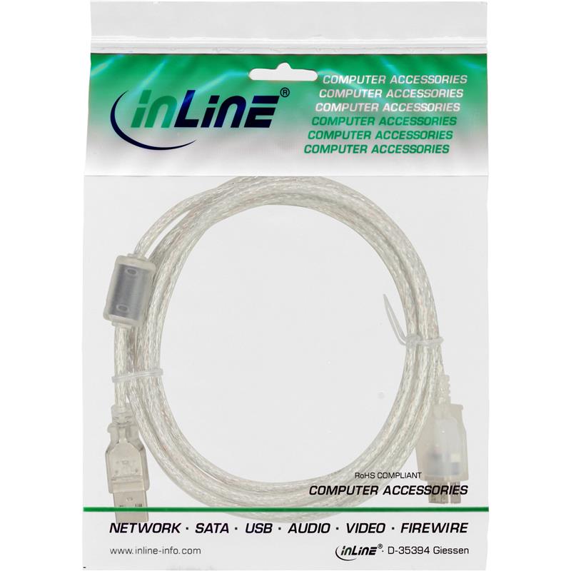 InLine USB 2 0 kabel transparant AM AF met ferrietkern 5m