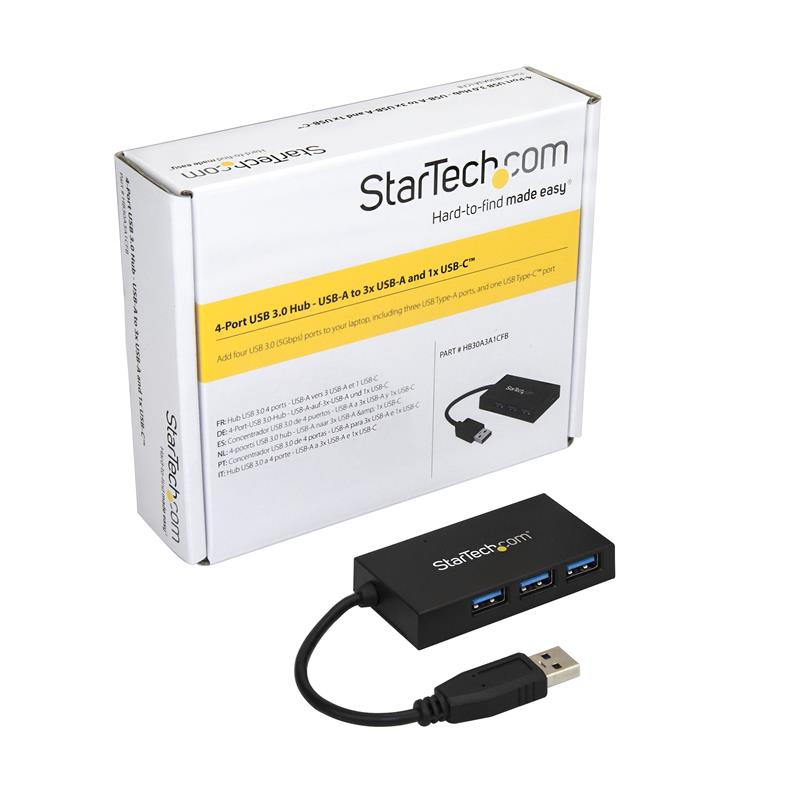 StarTech.com 4 Port USB 3.0 Hub - USB Type-A met 3x USB-A en 1x USB-C Poorten (SuperSpeed 5Gbps), USB Busvoeding, USB 3.1 Gen 1 Adapter Hub, Draagbare