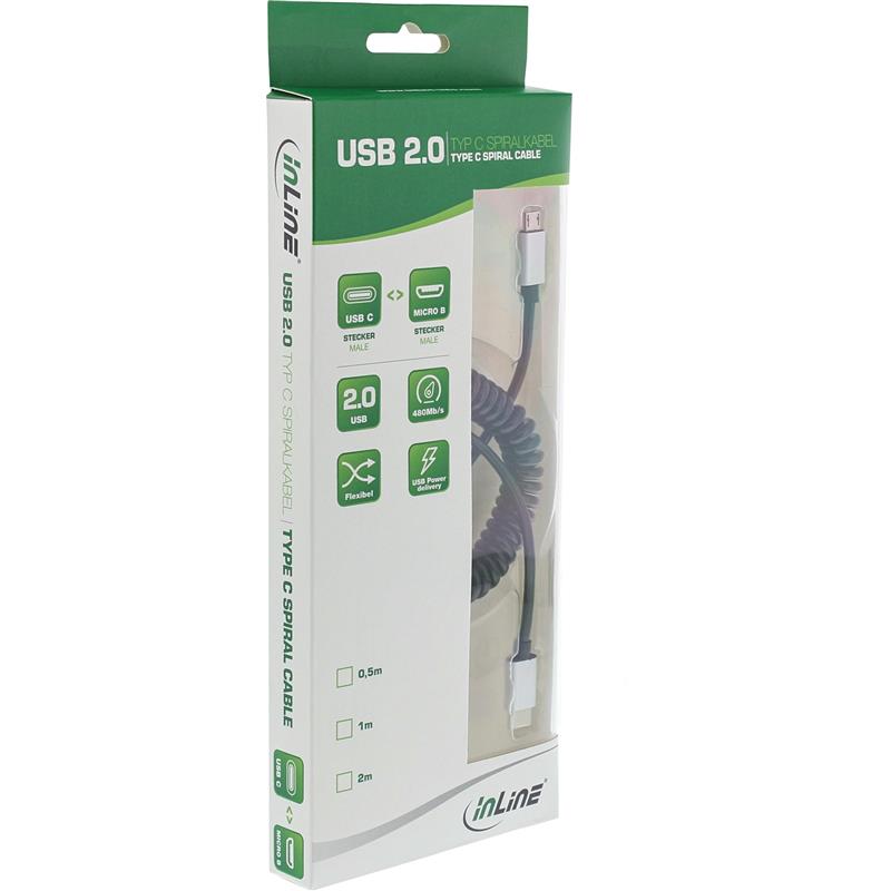 InLine USB 2 0 spiral cable Type C plug to Micro-B plug black alu flexible 0 5m