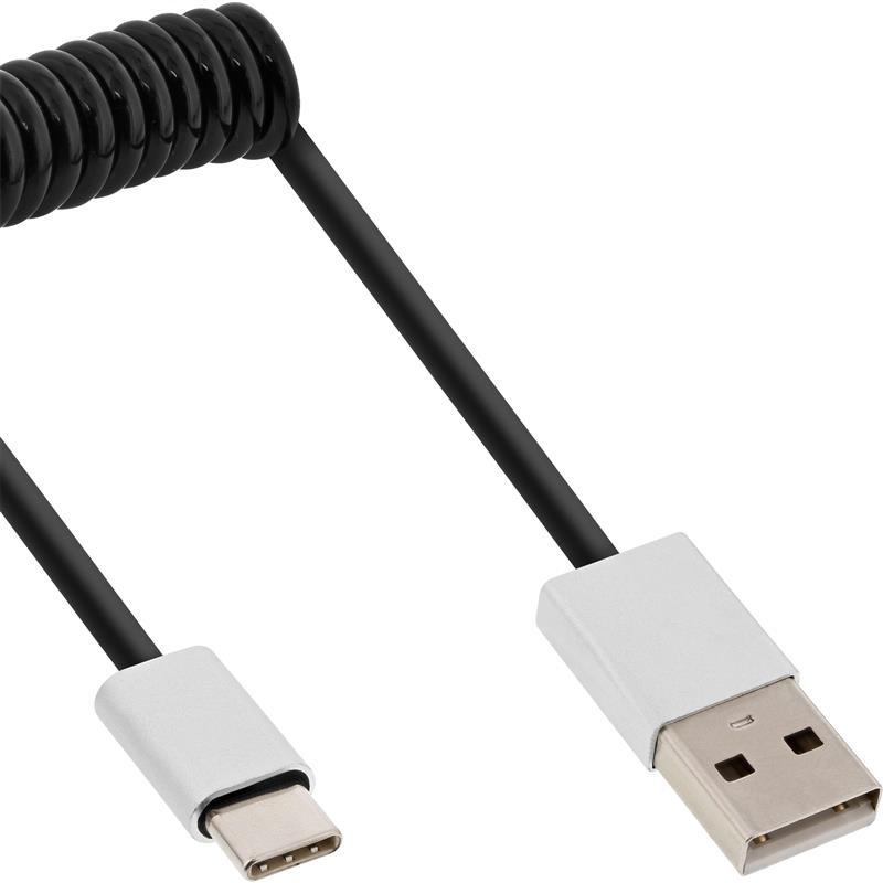 InLine USB 2 0 spiral cable Type C plug to A plug black alu flexible 2m