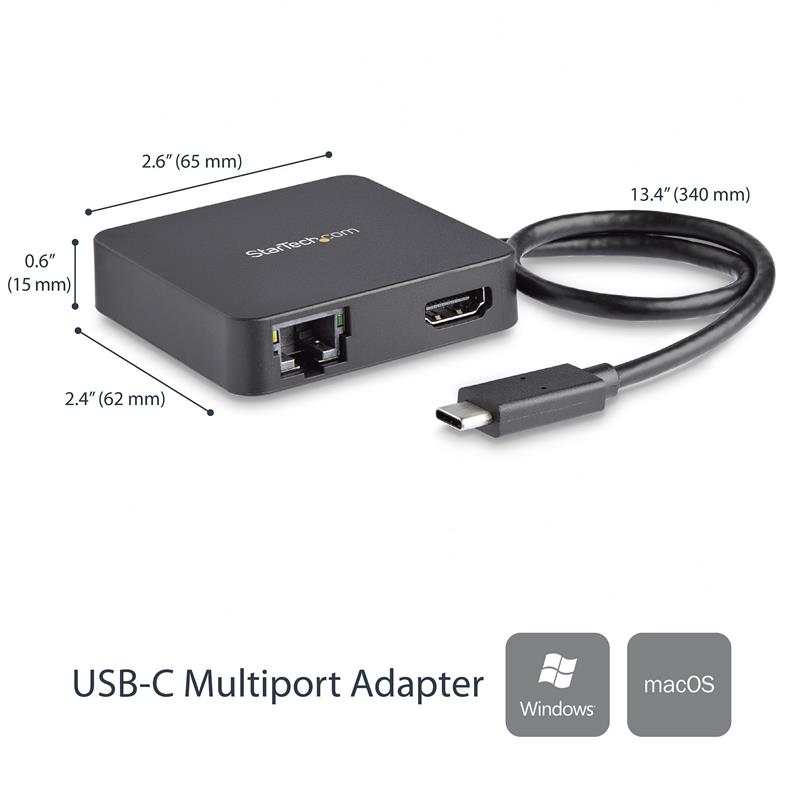 StarTech.com USB C Multiport Adapter, USB-C Travel Dock met 4K HDMI Video, Gigabit Ethernet, USB 3.0 Hub (1x USB-A 1x USB-C), USB Type-C Mini Laptop D