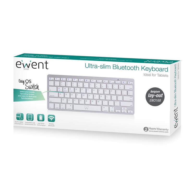 Ewent EW3168 toetsenbord voor mobiel apparaat AZERTY Belgisch Zilver, Wit Bluetooth