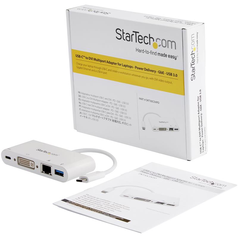 StarTech.com USB C Multiport Adapter, USB-C naar DVI-D (Digitaal) Video Adapter, 60W Power Delivery Passthrough Charging, GbE, USB-A, USB Type-C/Thund