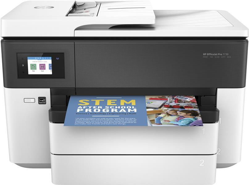HP OfficeJet Pro 7730 breedformaat All-in-One printer, Printen, kopiëren, scannen, faxen, Invoer voor 35 vel; Printen via USB-poort aan voorzijde; Dub