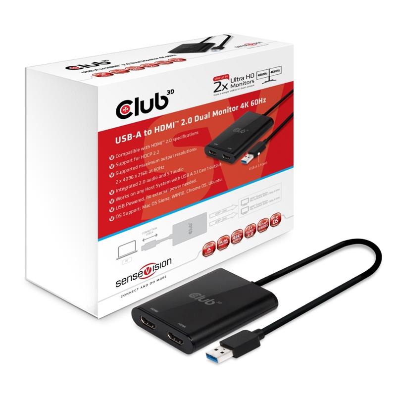CLUB3D USB A to HDMI™ 2.0 Dual Monitor 4K 60Hz