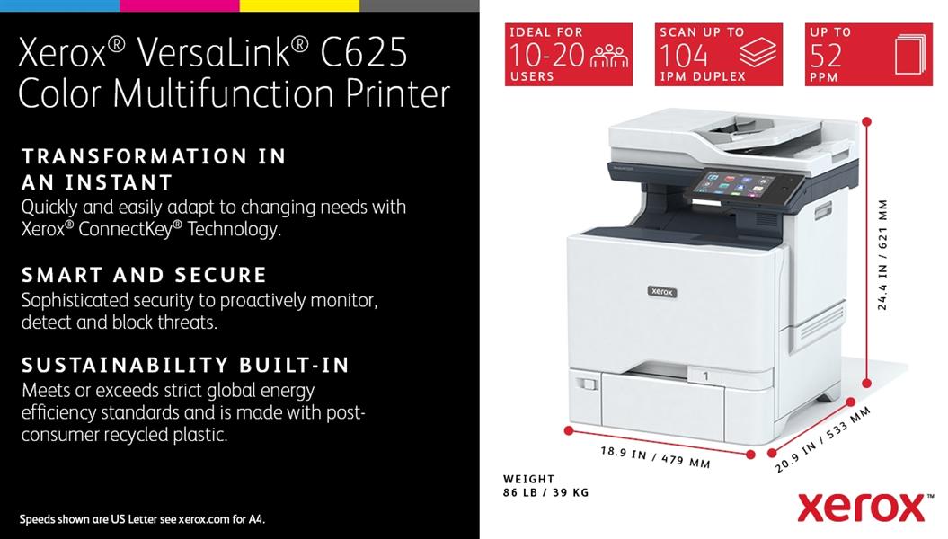 Xerox VersaLink C625 A4 50 ppm dubbelzijdig kopiëren en printen, scannen en faxen, geschikt voor PS3 PCL5e/6 2 laden voor max. 650 vel