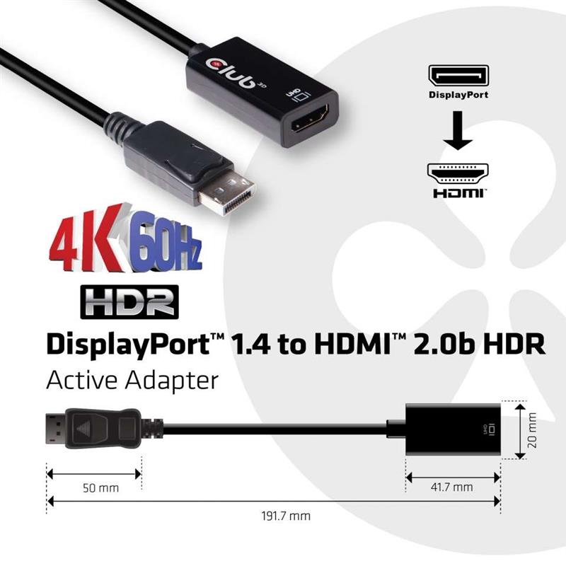 CLUB3D DisplayPort 1.4 to HDMI 2.0b HDR Active Adapter