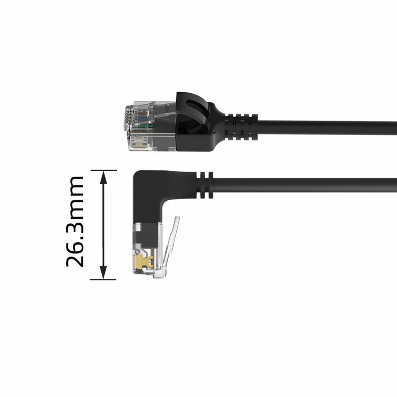 ACT Zwarte 0,5 meter U/UTP CAT6A LSZH slimline patchkabel met RJ45 connectoren, recht naar 90° haaks beneden