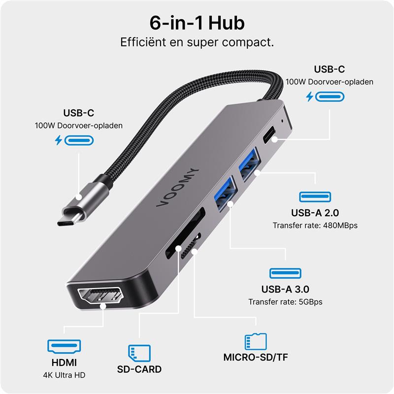 Voomy Connect H6 - 6 in 1 Hub - 4K HMDI - 100W USB-C