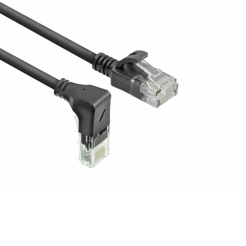 ACT Zwarte 0,5 meter U/UTP CAT6A LSZH slimline patchkabel met RJ45 connectoren, recht naar 90° haaks beneden