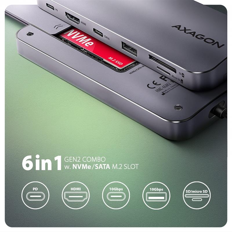 Axagon HMC-6GM2 USB 10Gbps hub USB-A USB-C HDMI M.2 SD/mSD PD 100W USB-C Bedraad USB 3.2 Gen 2 (3.1 Gen 2) Type-C Grijs