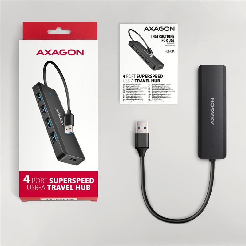 Axagon HUE-C1A interface hub USB 3.2 Gen 1 (3.1 Gen 1) Type-A 5000 Mbit/s Zwart