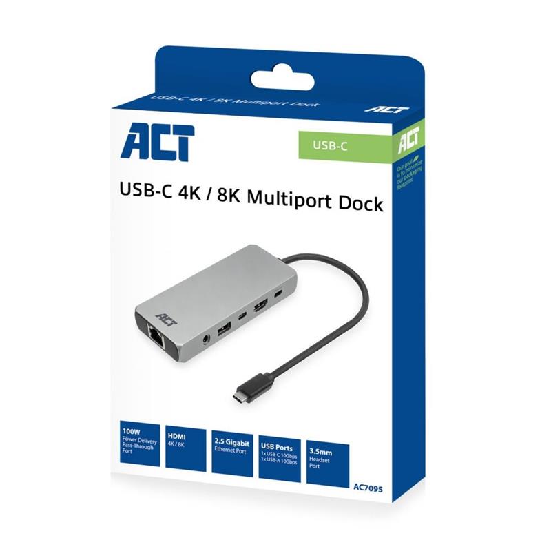 ACT AC7095 laptop dock & poortreplicator Bedraad USB 3.2 Gen 1 (3.1 Gen 1) Type-C Grijs