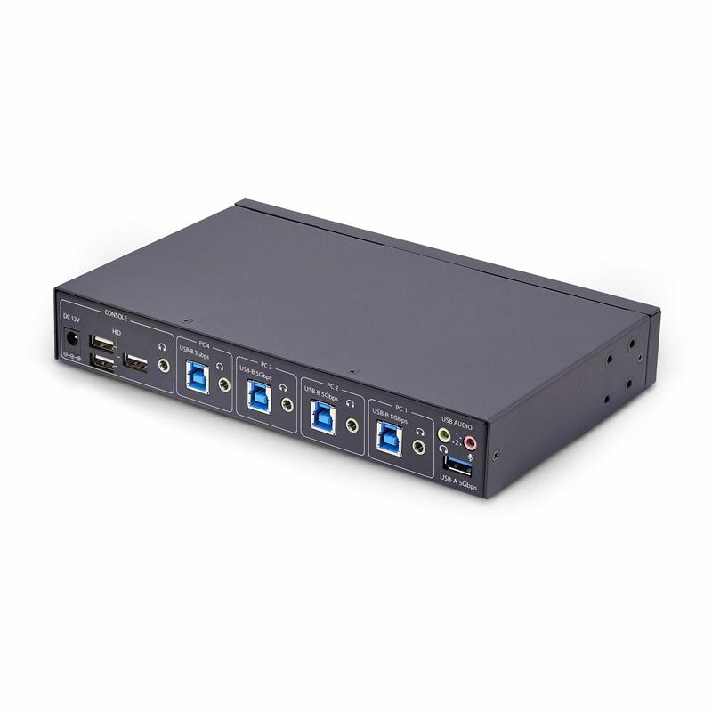 StarTech.com 4-Port KM Switch met Mouse Roaming, USB Switch voor Toetsenbord/Muis, 3.5mm/USB Audio, Randapparatuur delen voor 4 Computers, TAA Complia