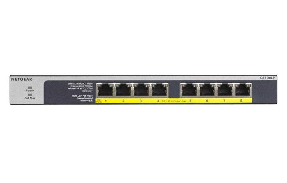 Netgear GS108LP Unmanaged Gigabit Ethernet (10/100/1000) Zwart, Grijs 1U Power over Ethernet (PoE)