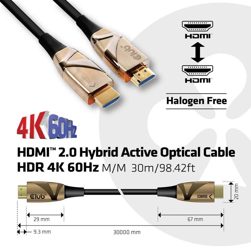 CLUB3D HDMI 2.0 UHD Active Optical Kabel HDR 4K 60Hz M/M 30 meter