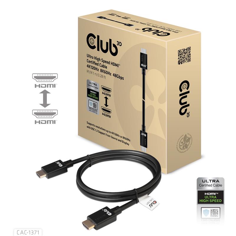 CLUB3D Ultra High Speed HDMI 4K120Hz, 144Hz Certified Cable 48Gbps M/M 1 m/3.28 ft 1Meter