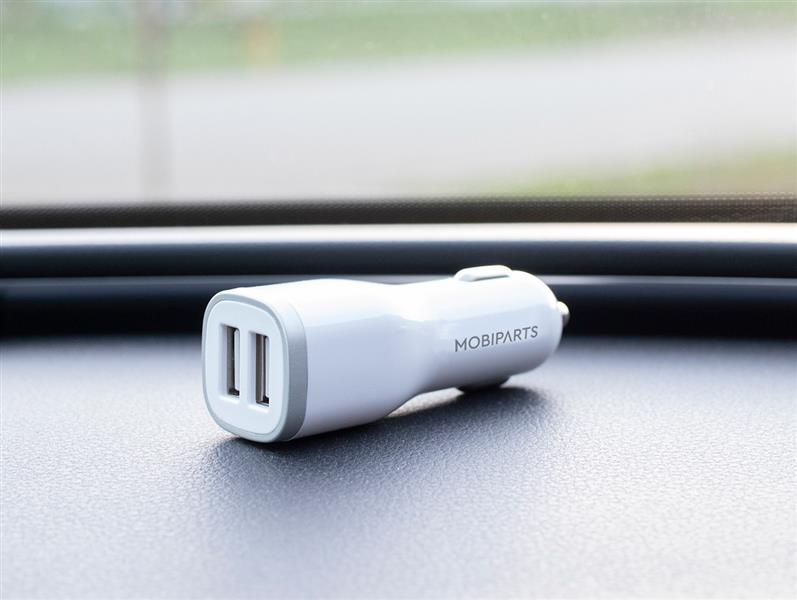 Mobiparts Car Charger Dual USB 2.4A + USB-C Cable White