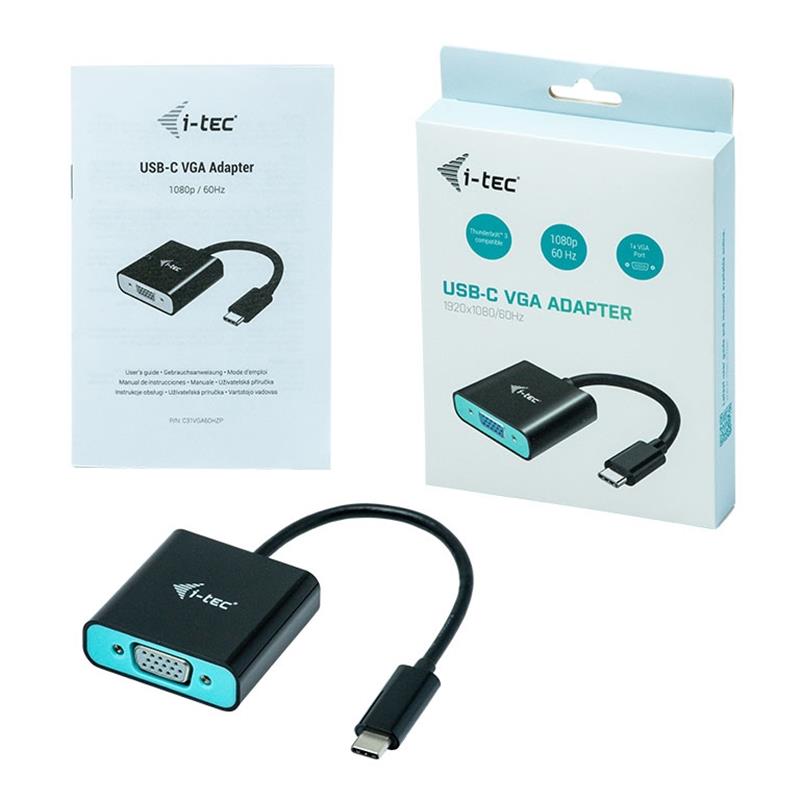 i-tec C31VGA60HZP video kabel adapter 0,15 m USB Type-C VGA (D-Sub) Zwart, Turkoois