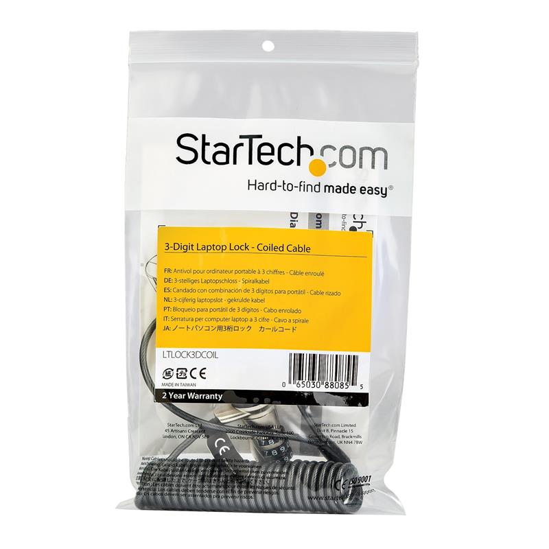 StarTech.com LTLOCK3DCOIL kabelslot Zwart, Roestvrijstaal 1,8 m