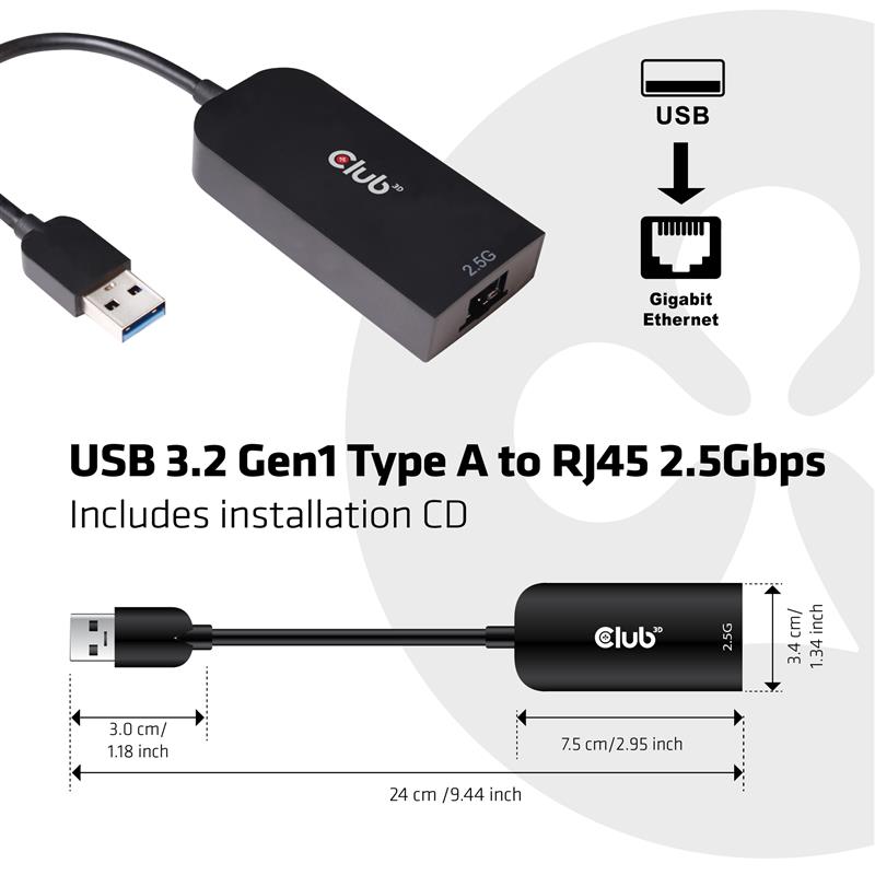 CLUB3D USB 3.2 Gen1 Type A to RJ45 2.5Gbps Adapter
