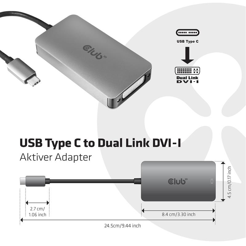 CLUB3D USB3.2 Gen1 Type-C to Dual Link DVI-D HDCP AAN versie Actieve Adapter M/V