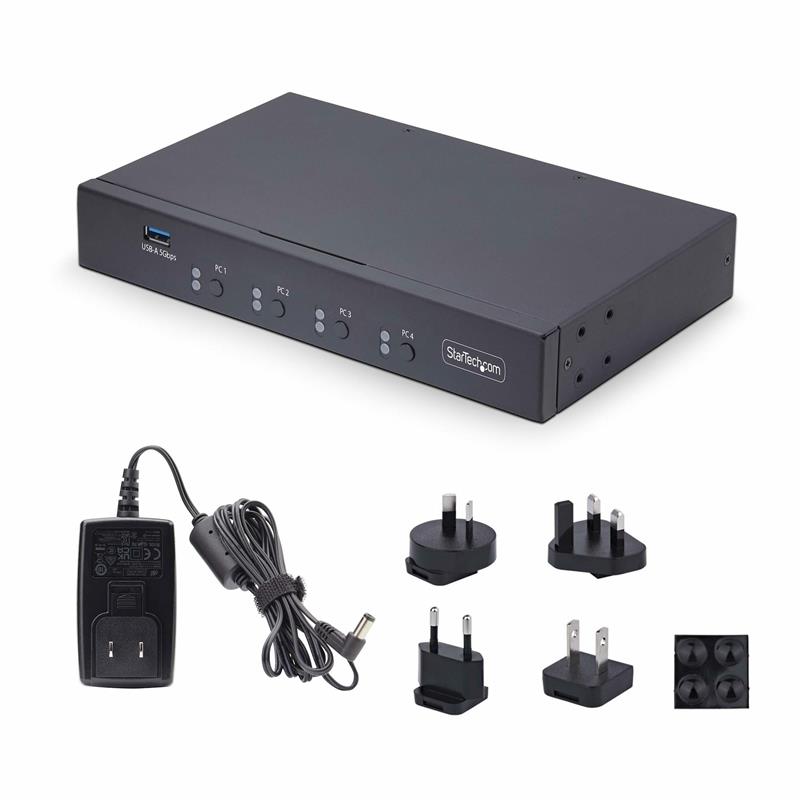 StarTech.com 4-Port KM Switch met Mouse Roaming, USB Switch voor Toetsenbord/Muis, 3.5mm/USB Audio, Randapparatuur delen voor 4 Computers, TAA Complia