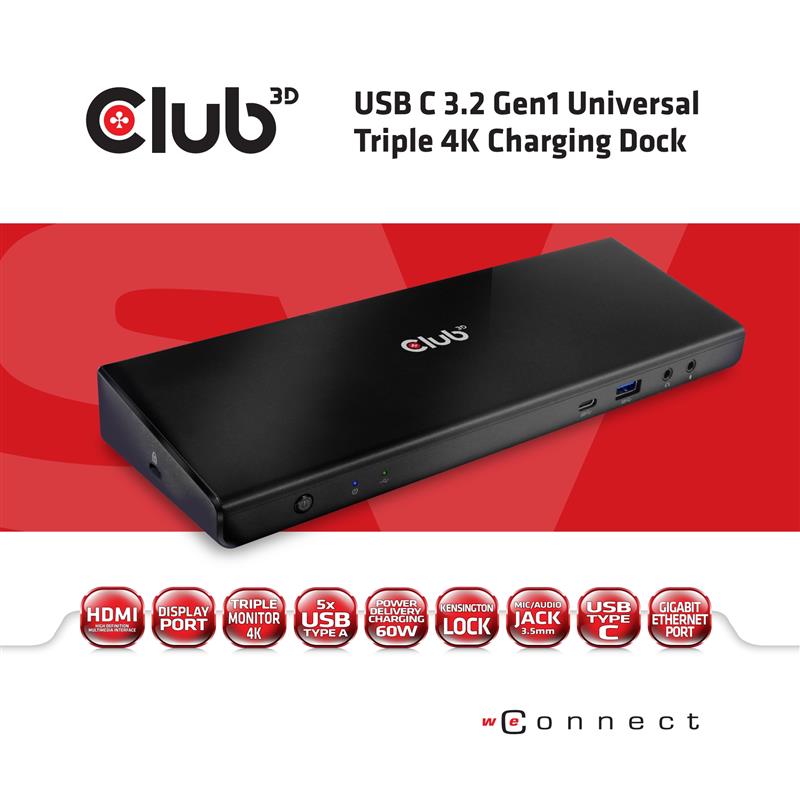 CLUB3D Type-C Universeel (2x 4K60Hz +1x 4K30Hz), oplaad Docking Station 60W DisplayLink® gecertificeerd en DP alt modus - kensington lock