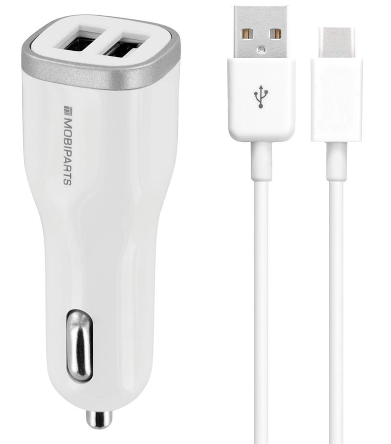 Mobiparts Car Charger Dual USB 2.4A + USB-C Cable White