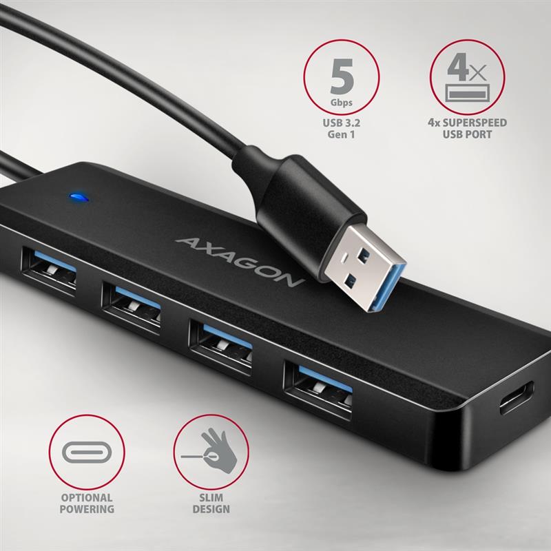 Axagon HUE-C1A interface hub USB 3.2 Gen 1 (3.1 Gen 1) Type-A 5000 Mbit/s Zwart