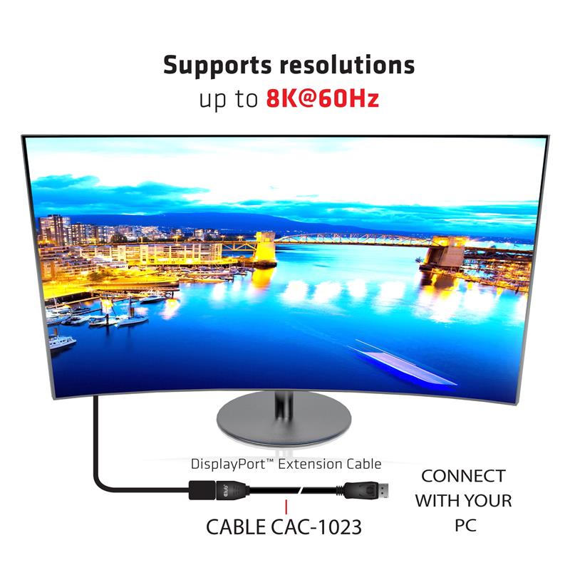 CLUB3D DisplayPort 1.4 Extension Cable 8K60Hz DSC 1.2 HBR3 HDR Bidirectional M/F 3m/9.84ft