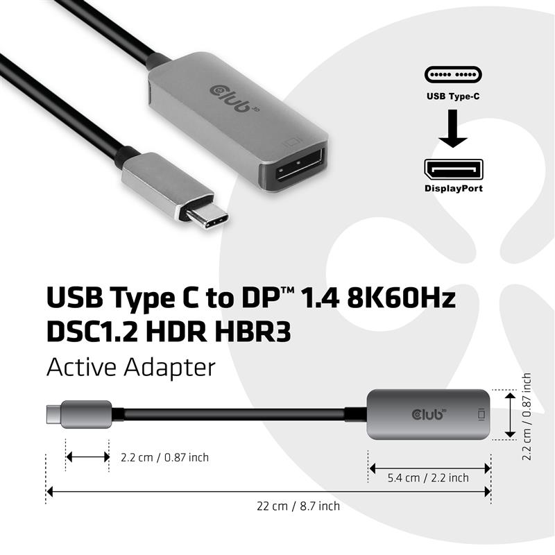 CLUB3D CAC-1567 kabeladapter/verloopstukje USB Type C DisplayPort Zwart, Zilver