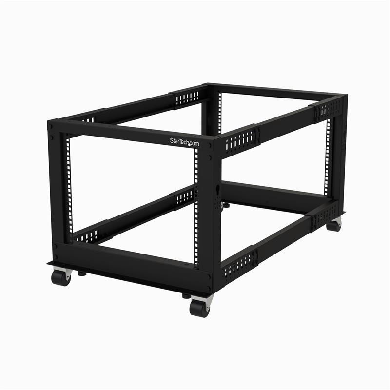 StarTech.com 4-Post 8U Mobiel Open Frame Server Rack, 19"" Patchkast met Wielen en 4 Stijlen, Kleine Serverkast met Verstelbare Diepte voor Computer /