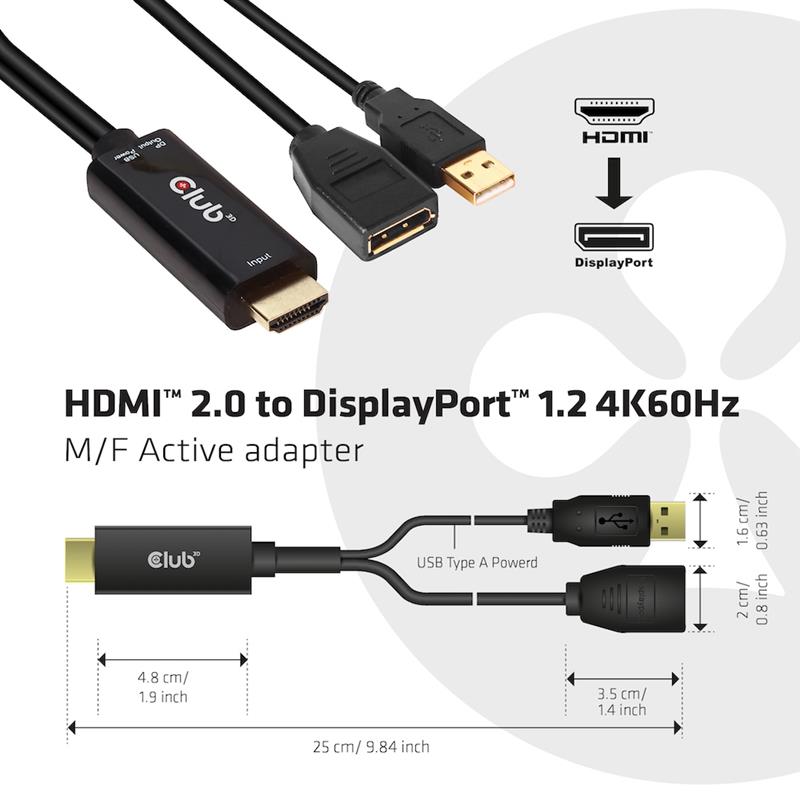 CLUB3D HDMI 2.0 TO DISPLAYPORT 1.2 4K60HZ HDR M/F ACTIVE ADAPTER Zwart