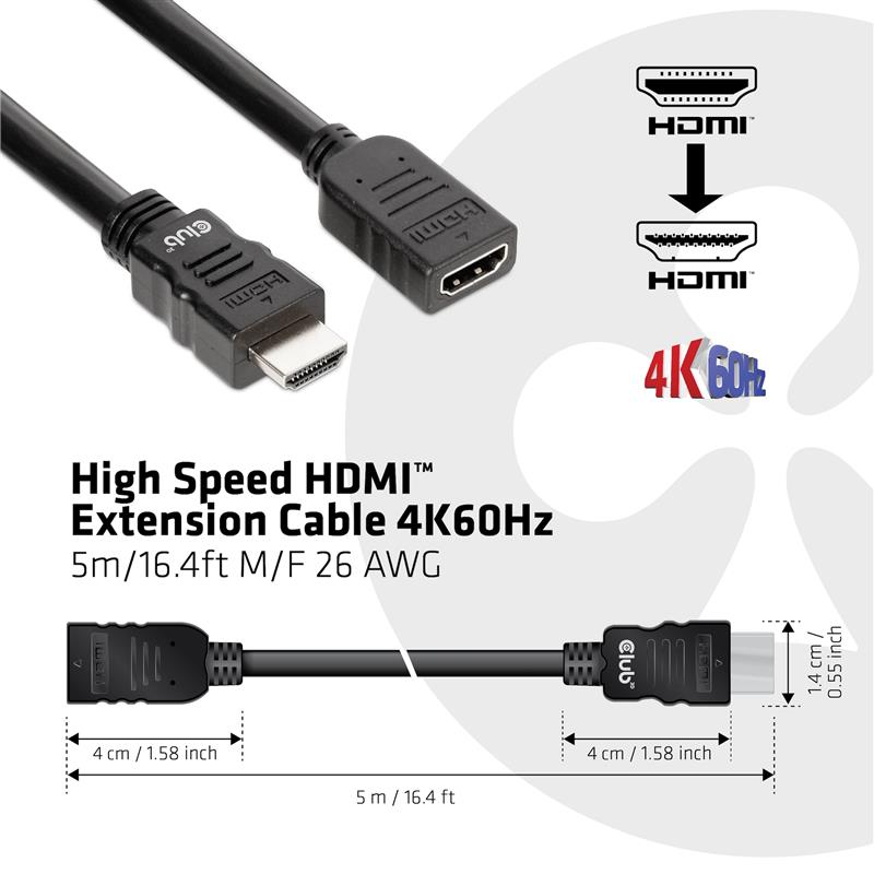 CLUB3D High Speed HDMI™ Extension Cable 4K60Hz M/F 5m/16.4ft 26 AWG