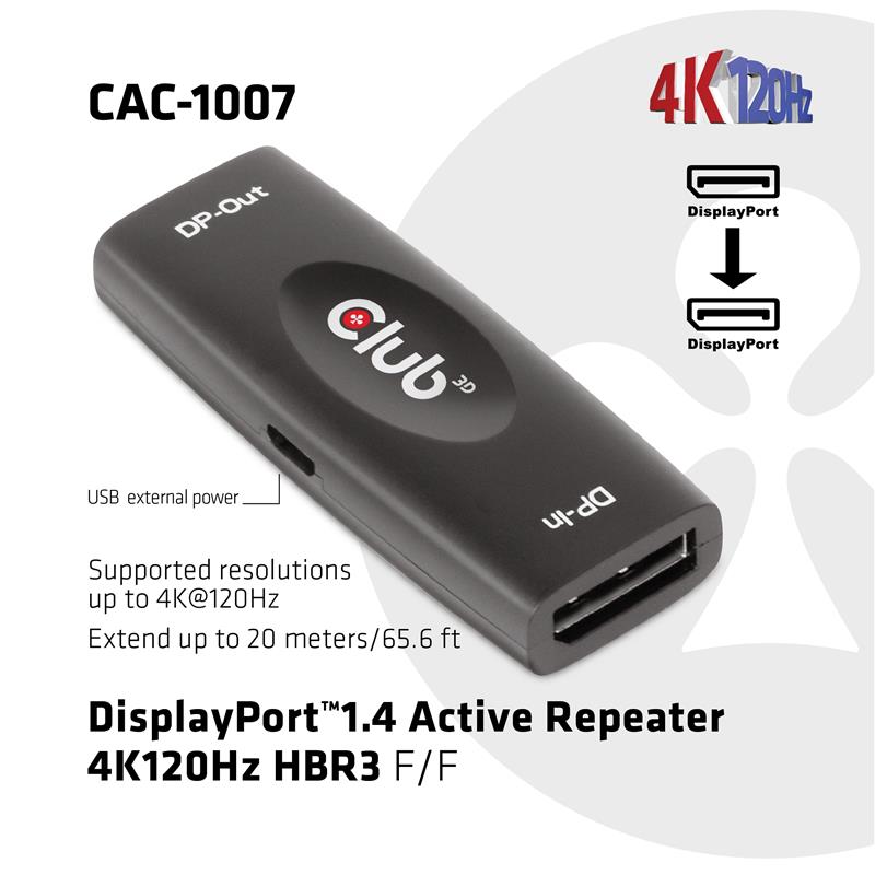 CLUB3D DisplayPort 1.4 Actieve Repeater 4K120Hz HBR3 V/V