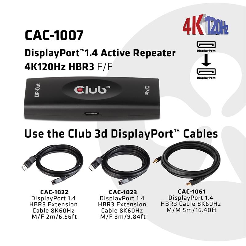 CLUB3D DisplayPort 1.4 Actieve Repeater 4K120Hz HBR3 V/V