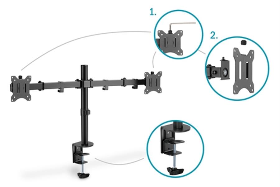 Universal Dual Monitor Clamp Mount - 15-32 inch - 2x8kg Max - Black