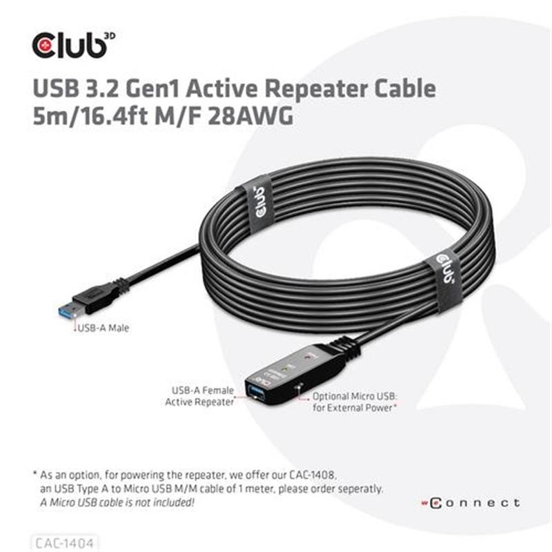 CLUB3D USB 3.2 Gen1 Active Repeater Cable 5m/ 16.4 ft M/F 28AWG