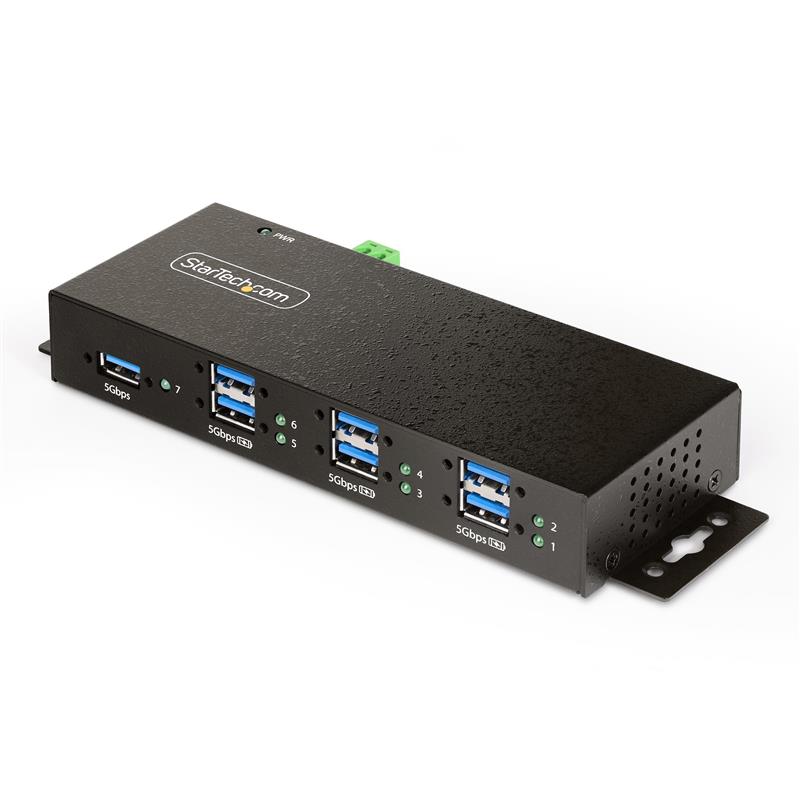 StarTech.com 7-Port Managed USB Hub met 4x USB-A, Heavy Duty met Industriële Stalen Behuizing, ESD & Overspanningsbeveiliging, Wand/Bureau/Din-Rail Mo